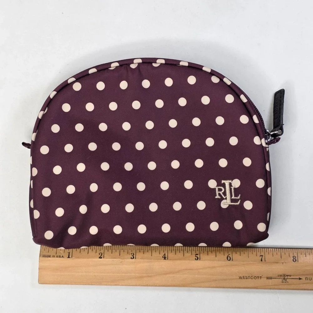 Lauren Ralph Lauren Burgundy Polka Dot Nylon Cosmetic Bag Dome Makeup Pouch
